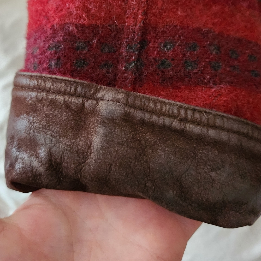 Vintage Eddie Bauer Wool Jacket Blanket Coat Leather Collar Cabin Barn Art S - Picture 10 of 10